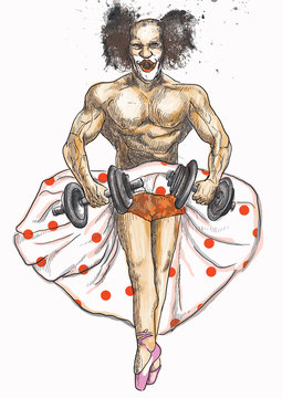 Ugly bodybuilder with dumbbells dressed as a ballerina