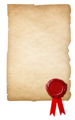 Old paper with wax seal and ribbon isolated on white background