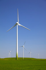 Fototapeta premium Wind Trurbines in blue sky and green grass