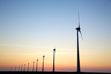 Obraz premium Row of Windturbines during sunset