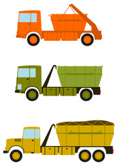 Ciężarówki budowlane z kontenerami do gruzu i śmieci. - obrazy, fototapety, plakaty