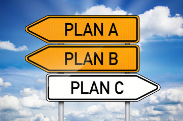 Wegweiser mit Plan A, Plan B, Plan C