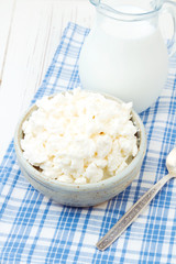 Cottage cheese and milk on checked blue tablecloth