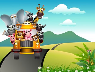 funny animal cartoon on yellow car and tropical forest