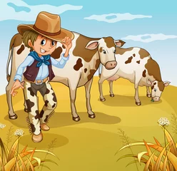 Photo sur Plexiglas Ferme Un cowboy avec deux vaches mangeant