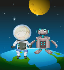 An astronaut beside a robot in the outer space