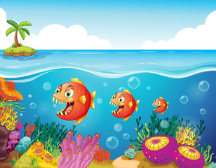 Naklejka na ściany i meble A school of fish near the coral reefs