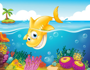 Een gele haai die de zee in duikt