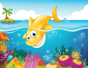Poster Im Rahmen Ein gelber Hai taucht ins Meer ein © GraphicsRF