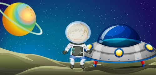 Foto op Plexiglas Een jonge ontdekkingsreiziger naast het ruimteschip © GraphicsRF