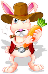 A rabbit holding a carrot with a hat and a cigarette