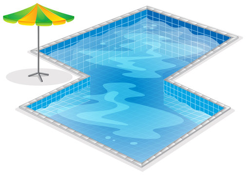 A swimming pool with a beach umbrella
