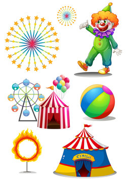 A clown with the different things in a carnival