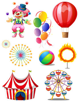 A clown playing balls with different circus stuffs