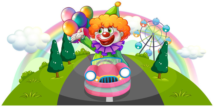 A happy clown riding in a pink car