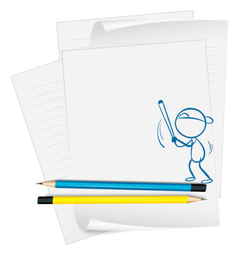 A paper with a sketch of a boy playing baseball