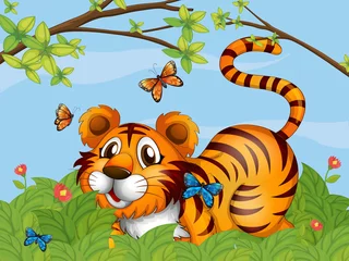 Abwaschbare Fototapete Schmetterling Ein Tiger mit Schmetterlingen im Garten