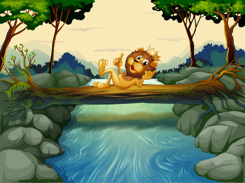 A lion with a crown at the river