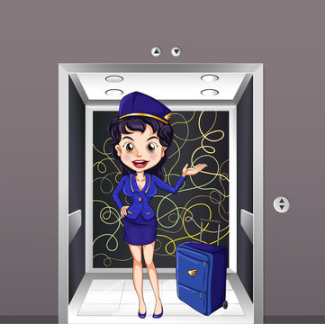 A flight stewardess inside the elevator