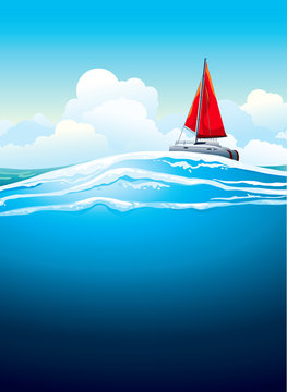 Yacht with red sail and sea waves.