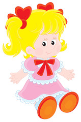 Little girl in a pink dress with red bows