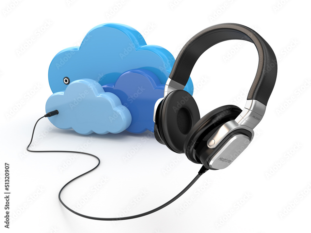 Poster cloud computing multimedia concept. headphones and clouds.