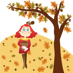 An Autumn Girl and a Little Squirrel are picking nuts