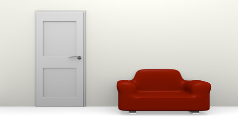 Red couch on a wall with a white door
