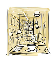 Morning coffee in cafe, sketch for your design