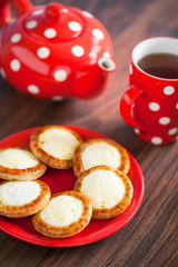 Open mini pies with cottage cheese, selective focus