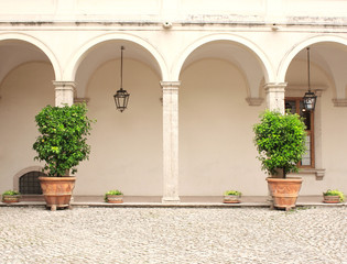 Patio in italian Garden. Ornamental plants in clay pots and arches of a medieval Italian house