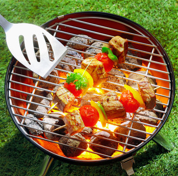 Tasty beef kebabs grilling over glowing coals