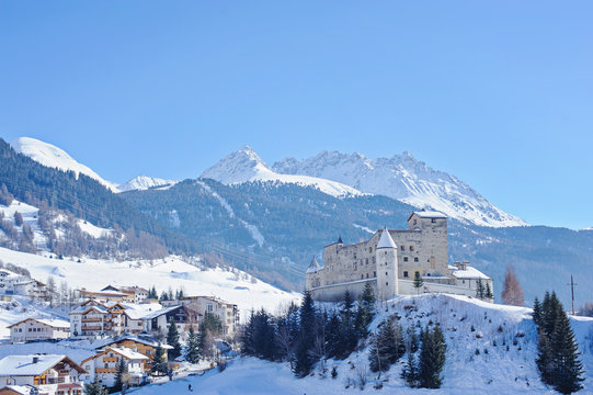Winter castle and mountains view in Nauders, Austria