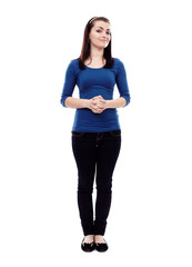 Young woman standing isolated on white background