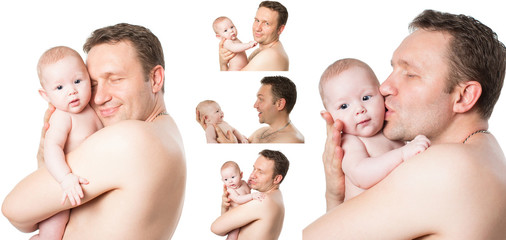 Collage of happy father and  baby girl cuddling on isolated