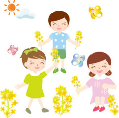 Enfants cueillant des fleurs de colza, des papillons et un ciel bleu