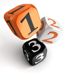 one, two and three numbers on orange black dice blocks