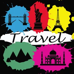 Washable wall murals Doodle Travel wallpaper with colorful splashes