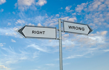 Road sign to right and wrong