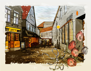 illustration vintage de la rue de la ville. Style aquarelle.