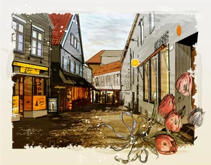 Crédence de cuisine en verre imprimé Café de rue dessiné illustration vintage de la rue de la ville. Style aquarelle.