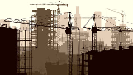 Illustration of construction site with crane and building. © vertyr
