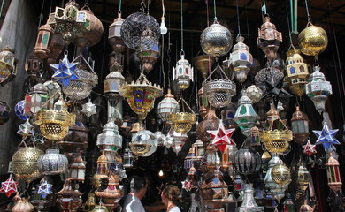 Beautiful lamps and lanterns, typical from Morocco, seen in the