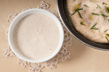 Sourdough in  a white bowl with focaccia bread and doily