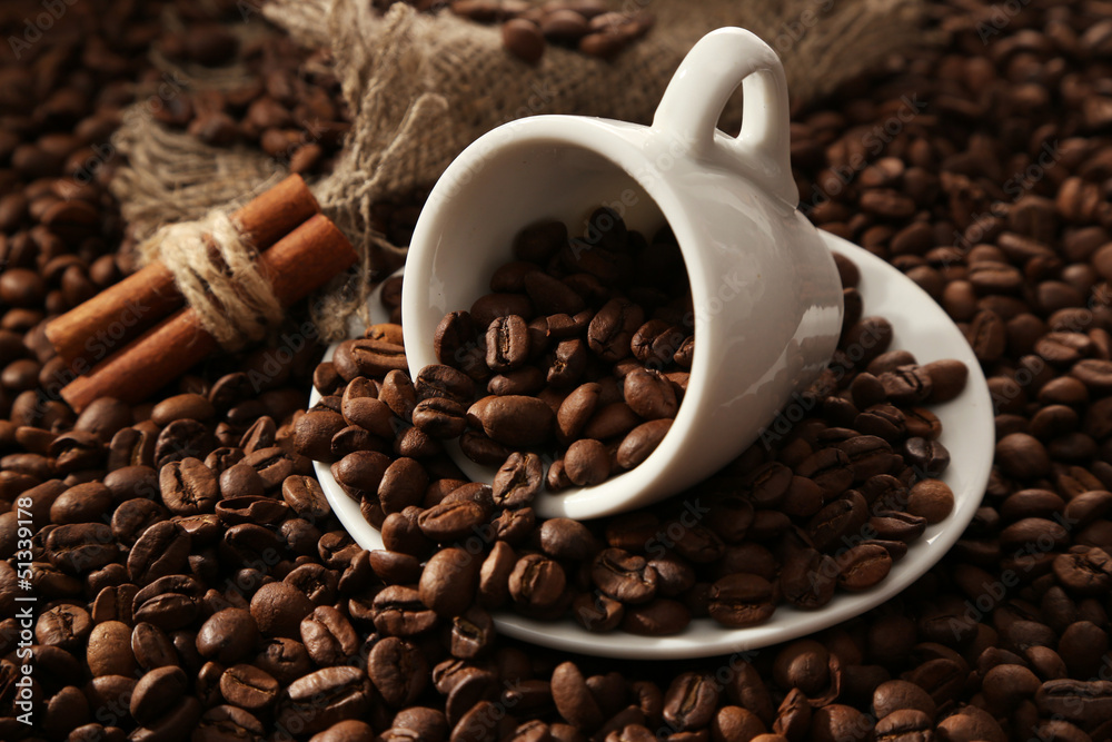 Canvas Prints cup with coffee beans, close up