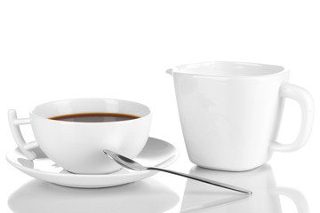 A cup of strong coffee and sweet cream isolated on white