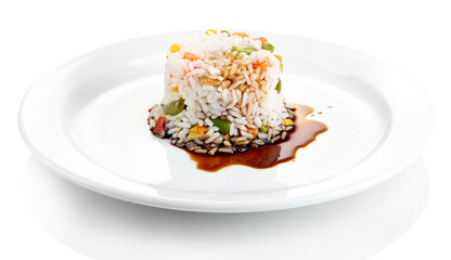 Delicious risotto with vegetables, isolated on white