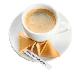 Cup of coffee and fortune cookies, isolated on white
