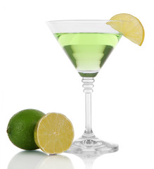 Green cocktail with lime isolated on white