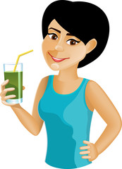 Black-haired girl with green vegetable juice